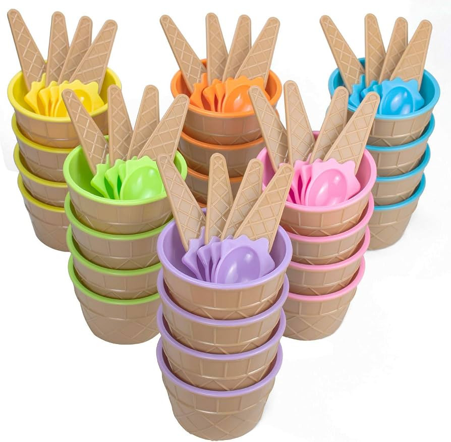 Lawei 24 Pack Ice Cream Cups with Spoons - Reusable Plastic ice cream bowls Sundae Frozen Yogurt | Amazon (US)