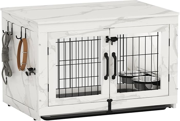 Piskyet Wooden Dog Crate Furniture with 360°Rotatable Removable Dog Bowls, Dog Crate End Table w... | Amazon (US)