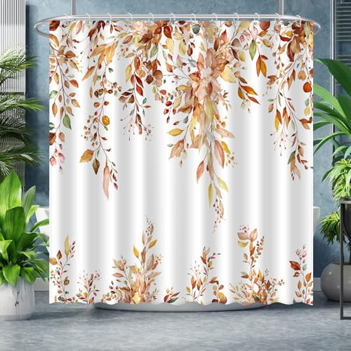 ACZHHZC Fall Eucalyptus Leaves Shower Curtain, Autumn Aesthetic Art Watercolor Plant Floral Leaf Bathroom Decor, Waterproof Fabric Cloth Bath Curtain Set with Hooks (Brown-Orange, 72x72 Inches) | Amazon (US)