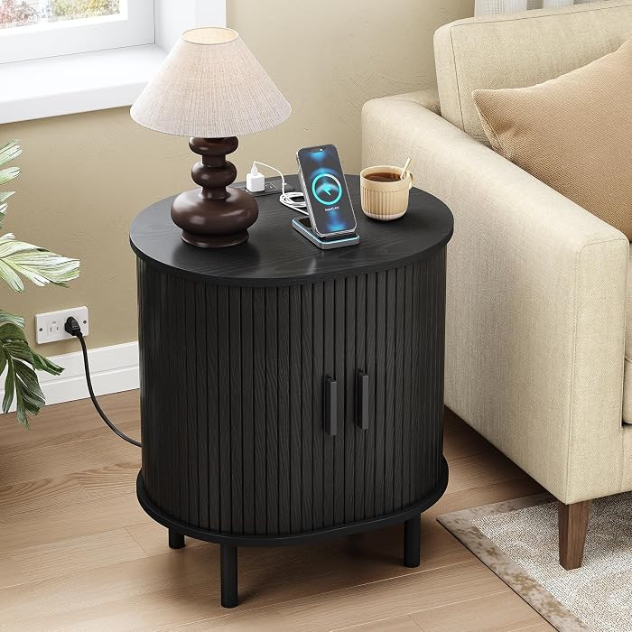 Oval End Table with Charging Station, Sliding Door, Black(1-Pack) | Amazon (US)