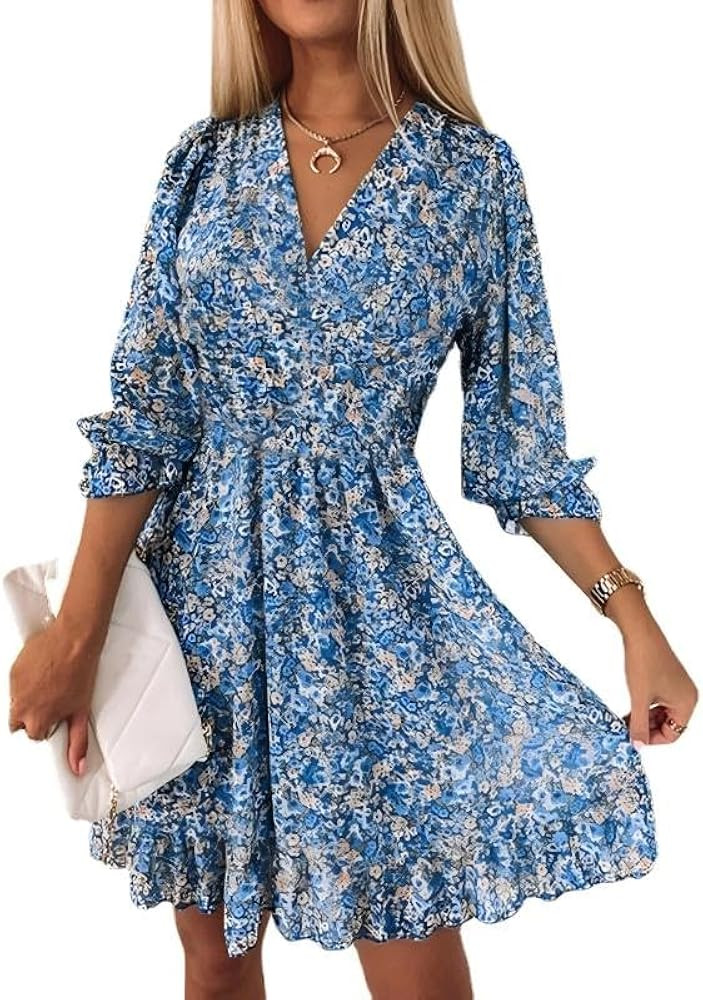 Women's Dresses Waisted Pullover Bohemian Printed Short Sleeve Boho Floral Dresses for Women | Amazon (US)