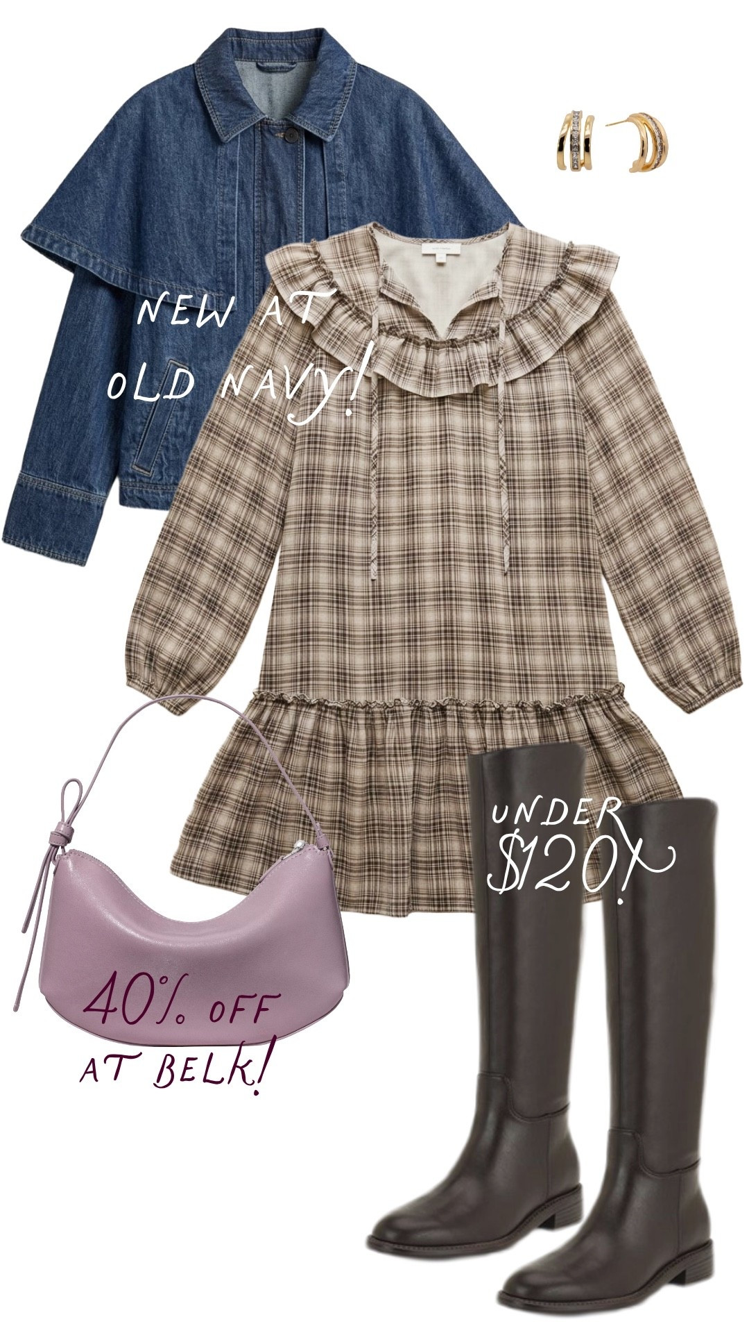 Old Navy is bringing the cutest fall prints right now, and this plaid mini dress is such a fun one. I love it paired with the denim jacket, tall boots, and a lavender bag for an unexpected pop of color! 

 #LTKgrwm #LTKootd #LTKmomlife