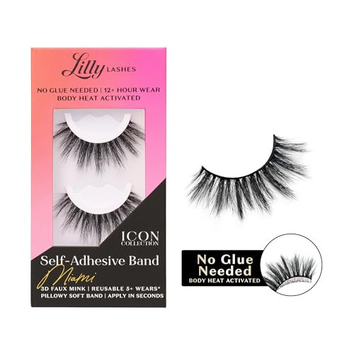Lilly Lashes Self Adhesive Band 3D Faux Mink Eyelashes, No Lash Glue Needed, Body Heat Activated Press on Lashes, Reusable Self Adhesive Eyelashes Up to 5x, Easy to Apply & Remove (Miami) | Amazon (US)