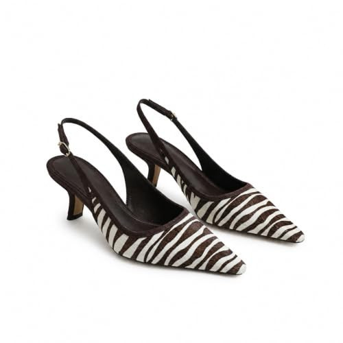 MKOPWOX Zebra Print Slingback Pumps Women Pointed Toe Kitten Heel Stiletto Back Buckle Strap Leather Formal Dress Heels for Party Wedding Evening | Amazon (US)