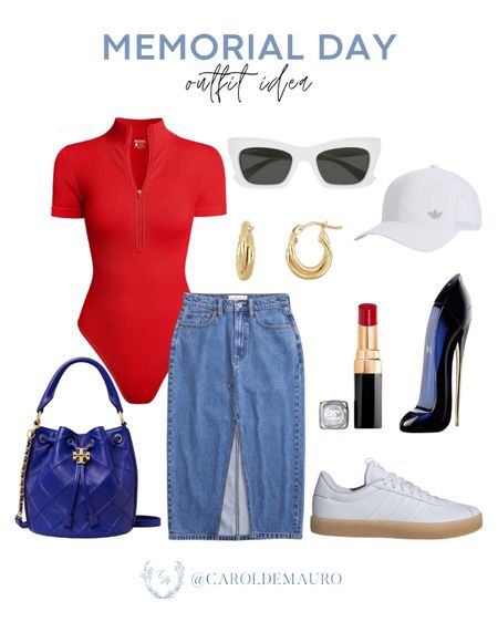 Here's a stylish outfit idea that is perfect for Memorial Day: a red bodysuit paired with a denim midi skirt, blue handbag, gold earrings, white sneakers & cap, and more!
#outfitinspo #springfashion #casuallook #petitestyle

#LTKSeasonal #LTKShoeCrush #LTKStyleTip