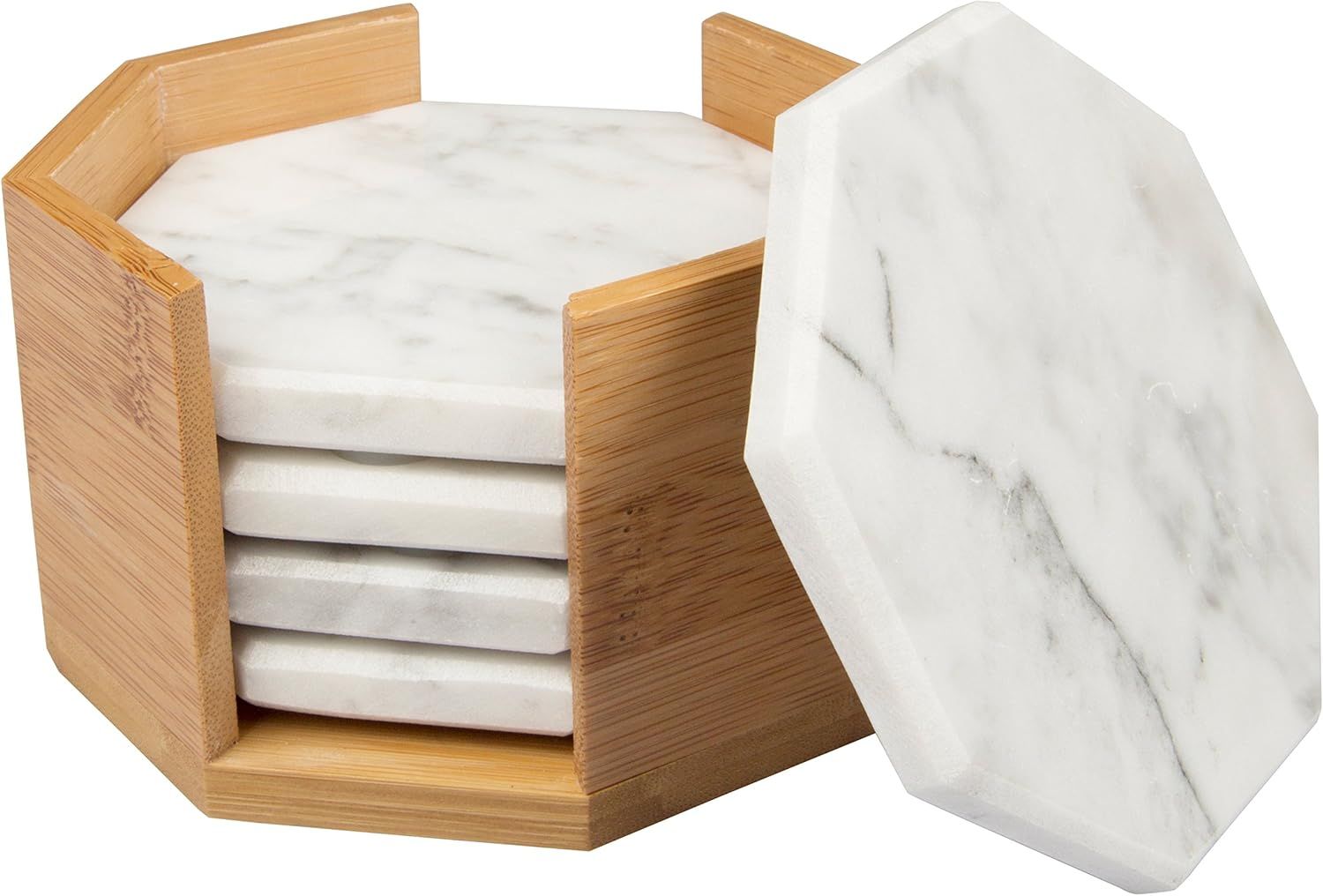 White Carrara Marble Coasters with Bamboo Holder, Set of 5 - Great Mother's Day Gift | Amazon (US)