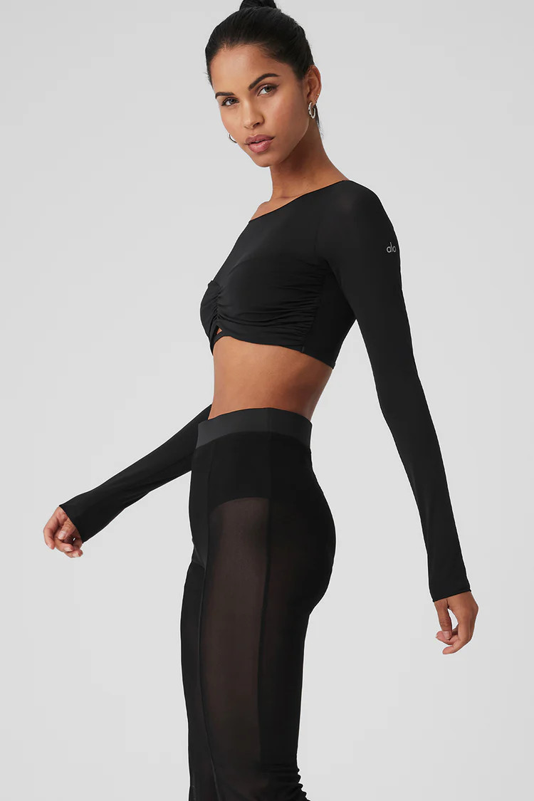 Mesh Sheer Illusion Cropped Long Sleeve - Black | Alo Yoga (US)