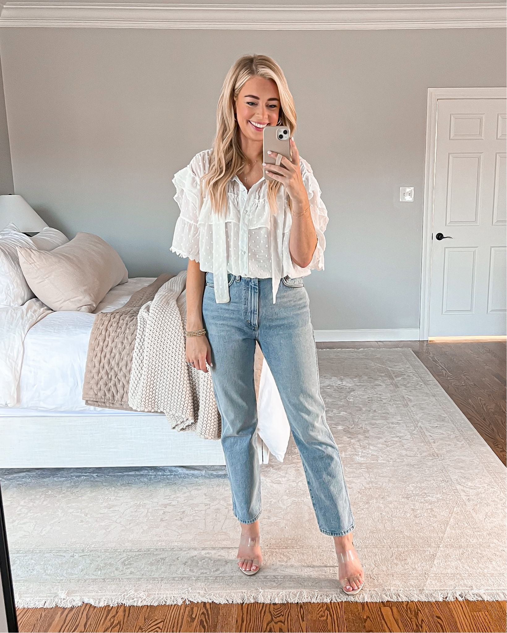 Wearing a small in blouse & 26 in jeans (jeans have no stretch)

Jeans, straight leg jeans, workwear, white blouse, spring outfit, clear strap heels, 

#LTKSeasonal #LTKstyletip #LTKFind