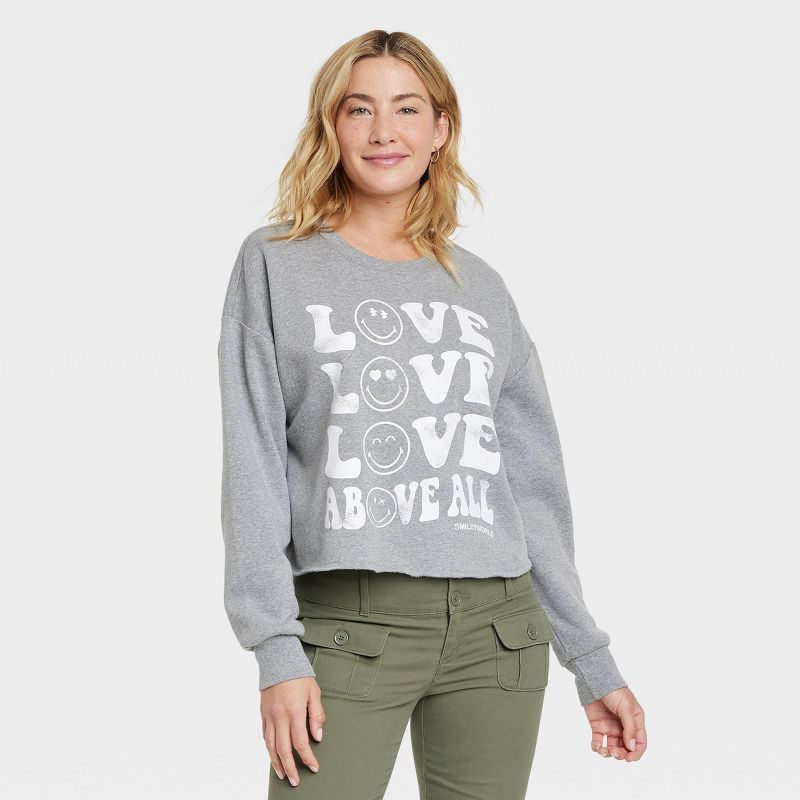 Women's SmileyWorld Love Above All Graphic Sweatshirt - Gray | Target