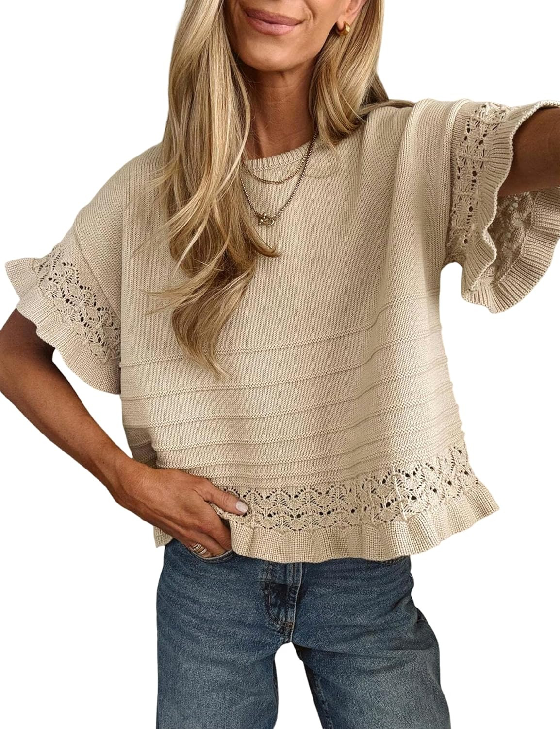 Yeokou Womens Short Sleeve Sweater Round Neck Ruffled Hem Knit Crochet Pullover Summer Fall Casual Top Blouse | Amazon (US)
