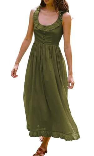 R.Vivimos Womens Summer Cotton Sleeveless Midi Dresses Vintage Lace Trim Button Up Tie Waist Casu... | Amazon (US)