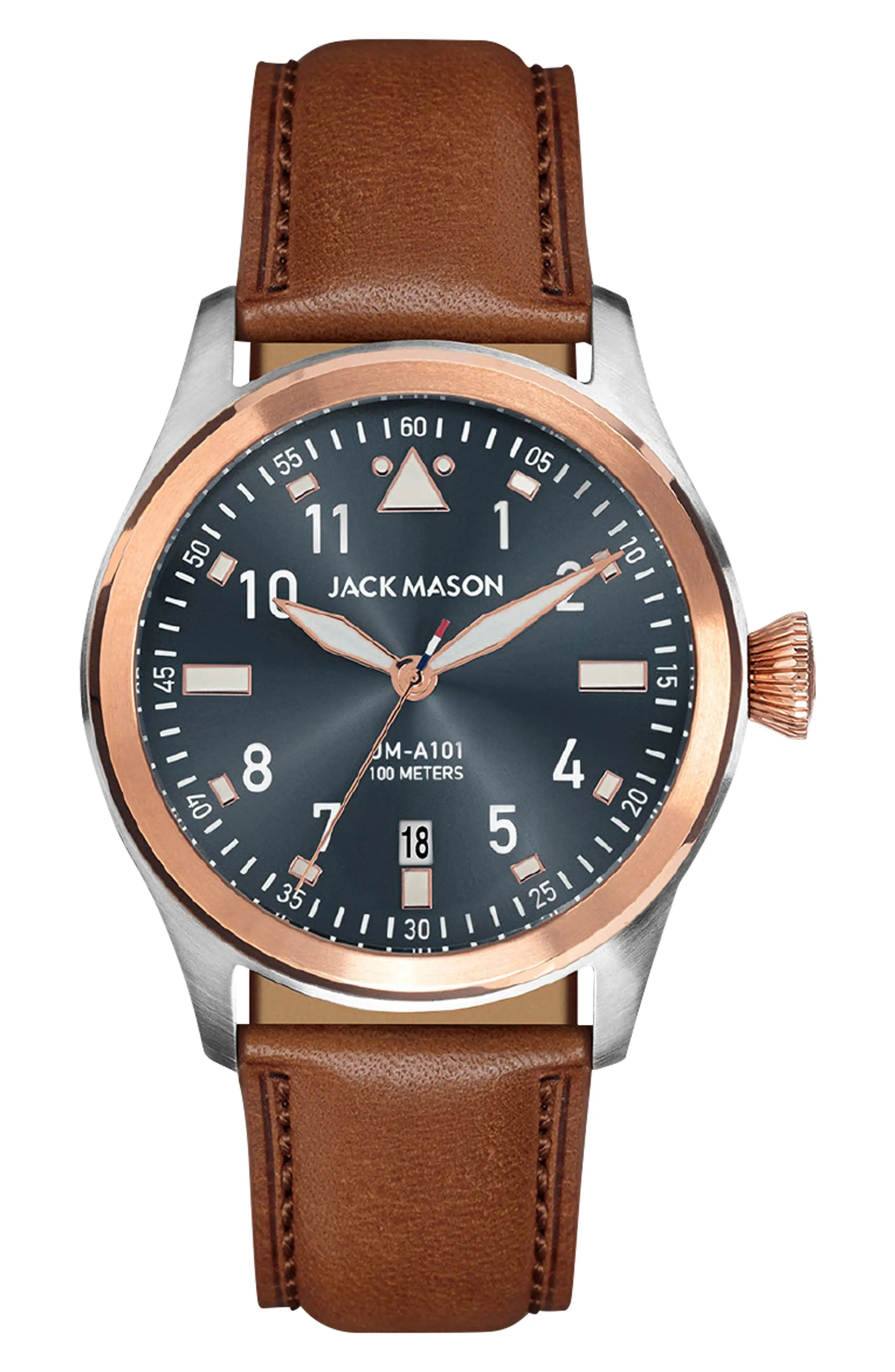 Jack Mason Aviation Leather Strap Watch | Nordstrom