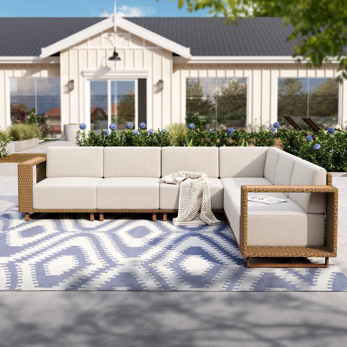 Wicker Patio Furniture Set Six Seats Beige L-Shaped Modular Outdoor Sectional Sofa, Thick Cushion... | Wayfair North America