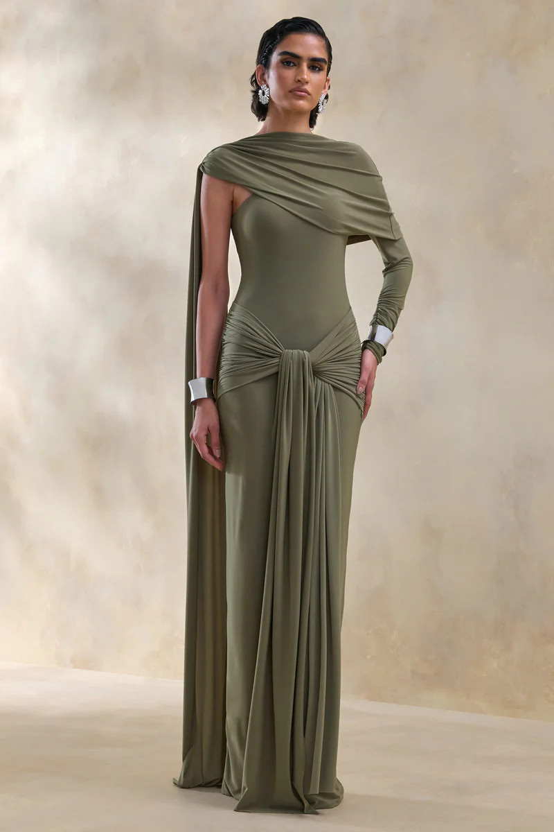 Trisara | Olive Asymmetric-Neck Maxi Dress With Gathered-Detailing And Sash | Club L London