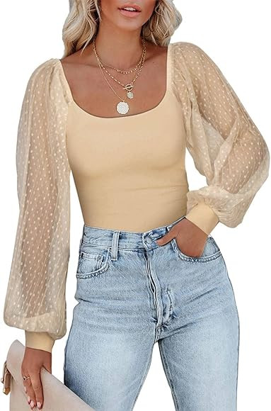 PINKMSTYLE Women's Square Neck Long Sleeve Bodysuit Polka Dots Tops Sheer Basic Jumpsuit Party Sh... | Amazon (US)
