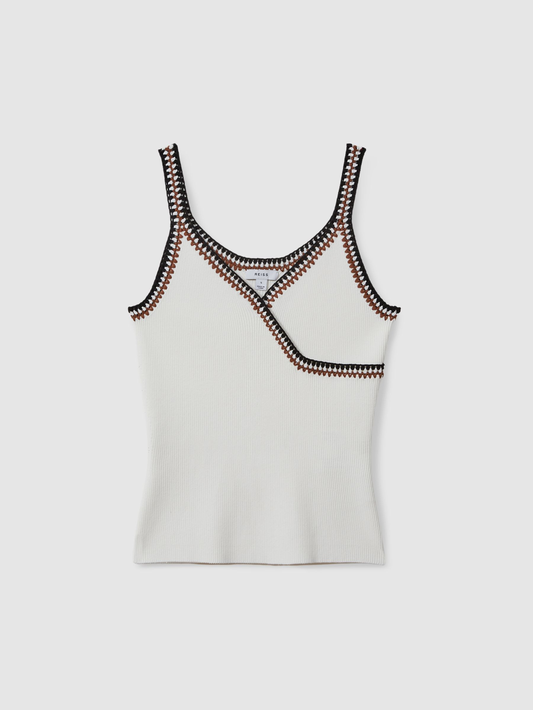 Knitted Crochet Trim Vest in White/Camel | Reiss UK