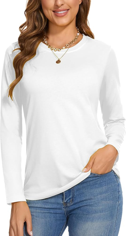 SMENG Women's Long Sleeve Crewneck Cotton Basic T-Shirt Solid Color Soft Comfy Casual Tops Fall S... | Amazon (US)