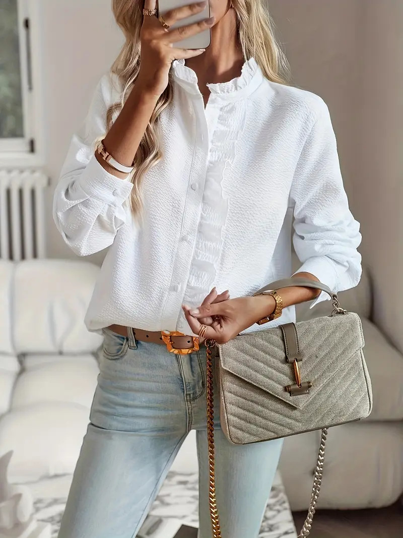Solid Ruffle Trim Blouse Casual Long Sleeve Shirt Spring - Temu | Temu Affiliate Program