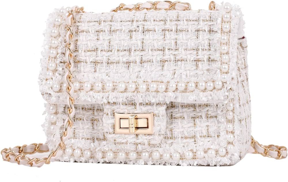AyTotoro Women Tweed Pearl Purses and Handbags Ladies Fashion Top Handle Chain Quilted Satchel Shoul | Amazon (US)