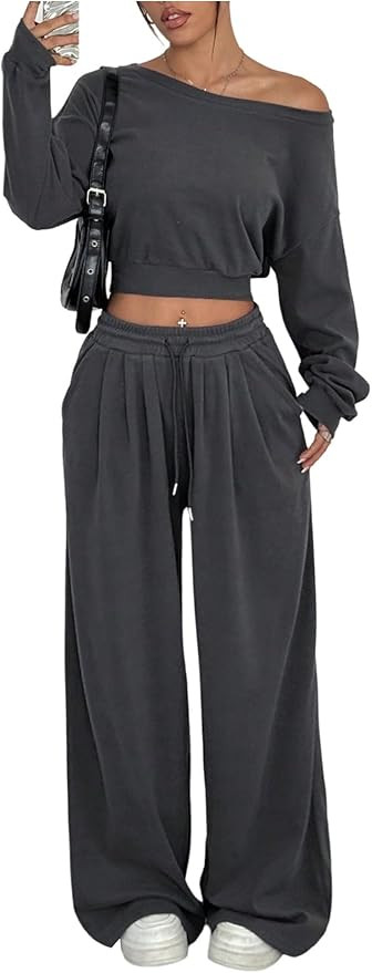SOLY HUX Women's Fall Outfit Off The Shoulder Crop Sweatshirt and Baggy Pants 2 Piece Set | Amazon (US)