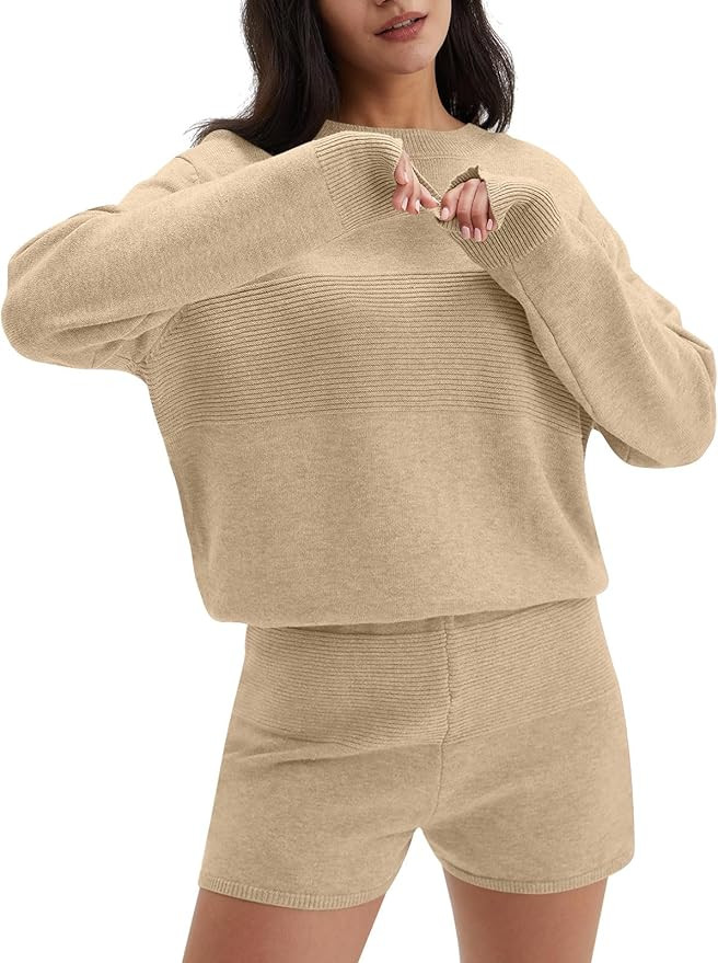 DEEP SELF Women's 2 Piece Outfits Sweater Sets Casual Long Sleeve Knit Pullover Tops and Shorts L... | Amazon (US)