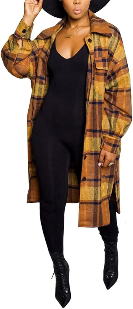 SeekMe Women's Classic Plaid Long Shirt Jacket Button Up Long Sleeve Lounge Shacket with Pocket(0460-Brown01-L-FY) | Amazon (US)