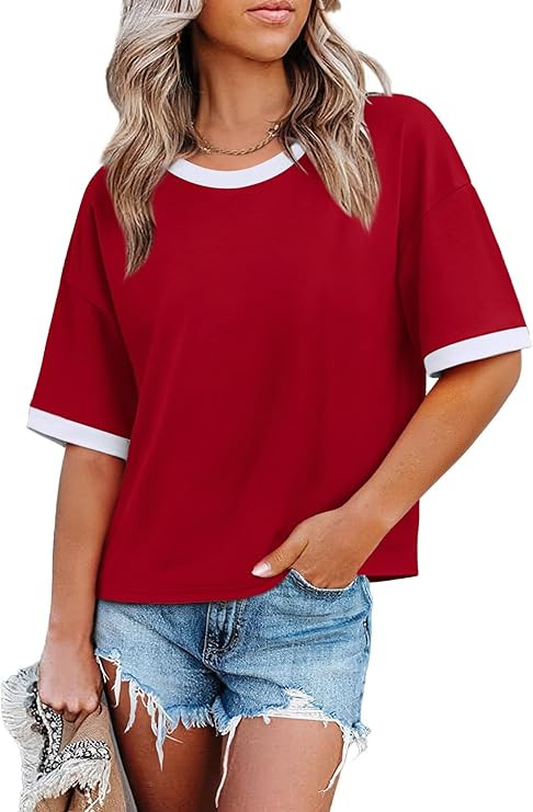 WIHOLL Womens T Shirts Loose Fit Short Half Sleeve Crew Neck Oversized Tshirts Color Block Summer... | Amazon (US)