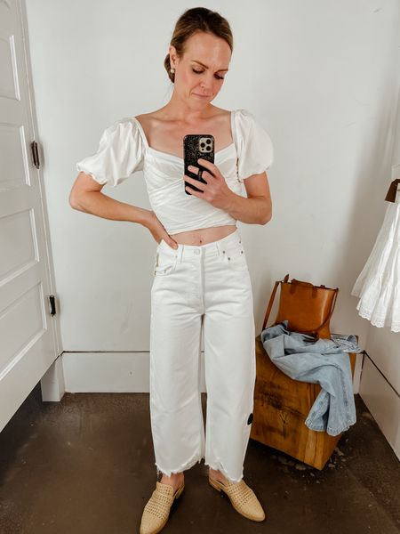 Citizens of Humanity Ayla Crop jeans. They run oversized, I sized down one in them (24) and they’re generous in the waist. I would size down two sizes if you want a closer fit. 