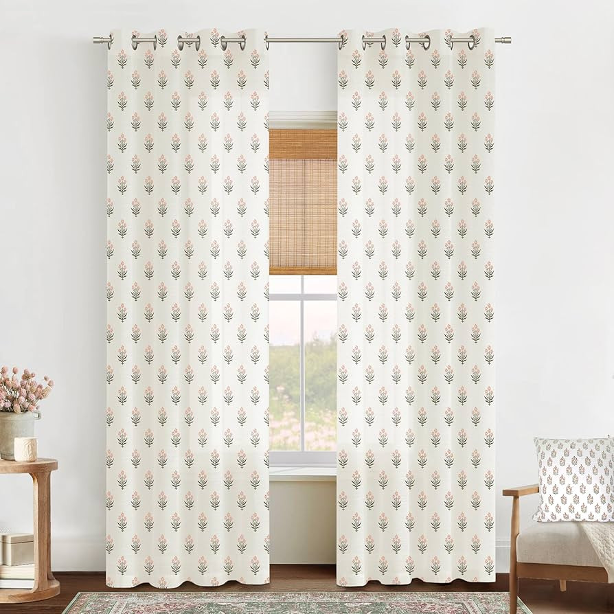 Pink Curtains 2 Panels Sheer Floral Linen Pretty Boho Shabby Chic Victorian Curtains for Living R... | Amazon (US)