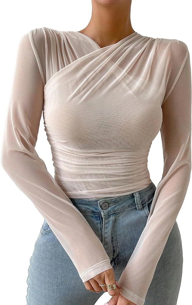 GORGLITTER Women's Mesh Ruched Long Sleeve Asymmetrical Neck Tee T Shirt | Amazon (US)