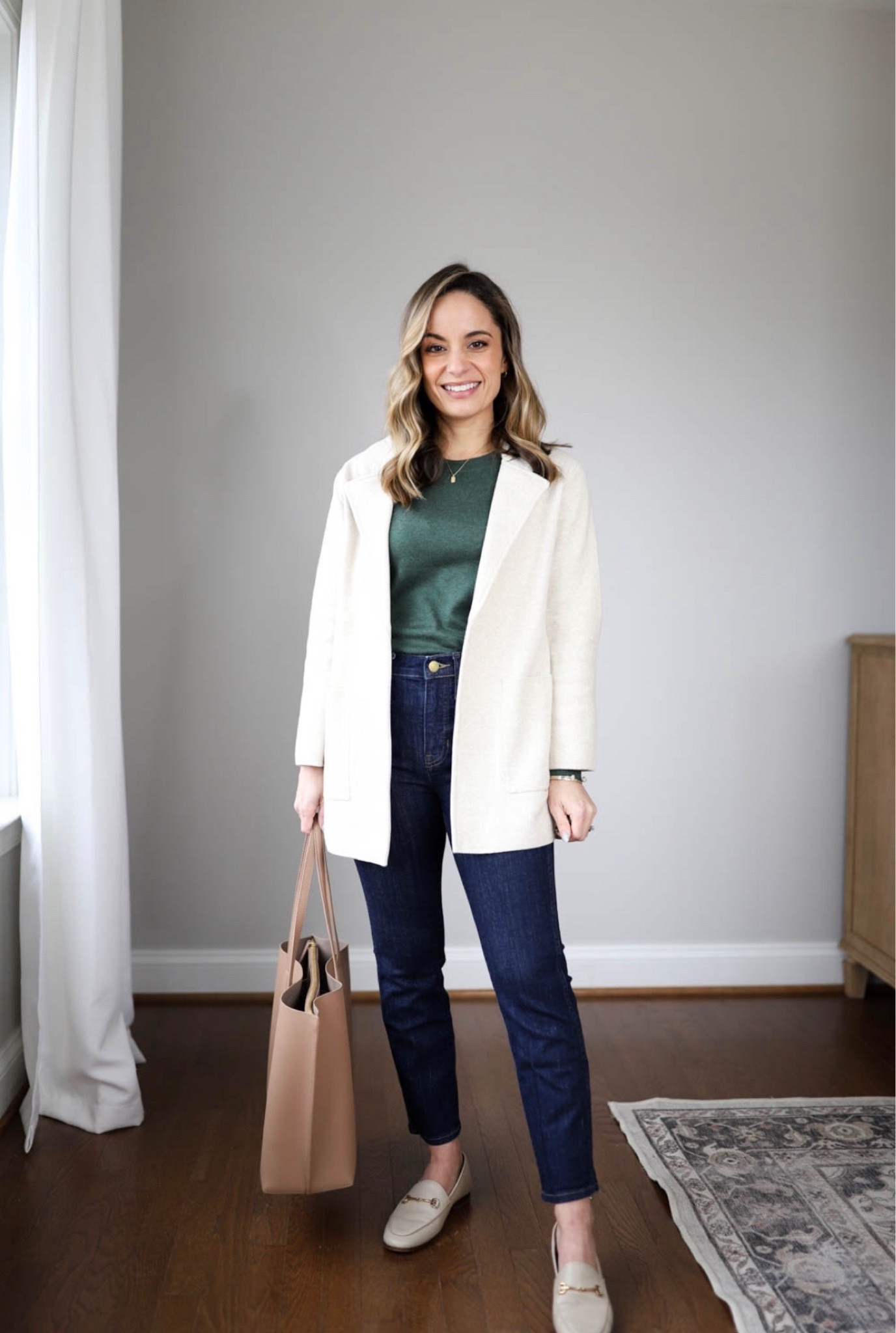 Casual outfits for work with flats! 

Green sweater: xs 
Jeans: petite 24 tts 
White sweater: xs 


My measurements for reference: 4’10” 105lbs bust, waist, hips 32”, 24”, 35” size 5 shoe 
