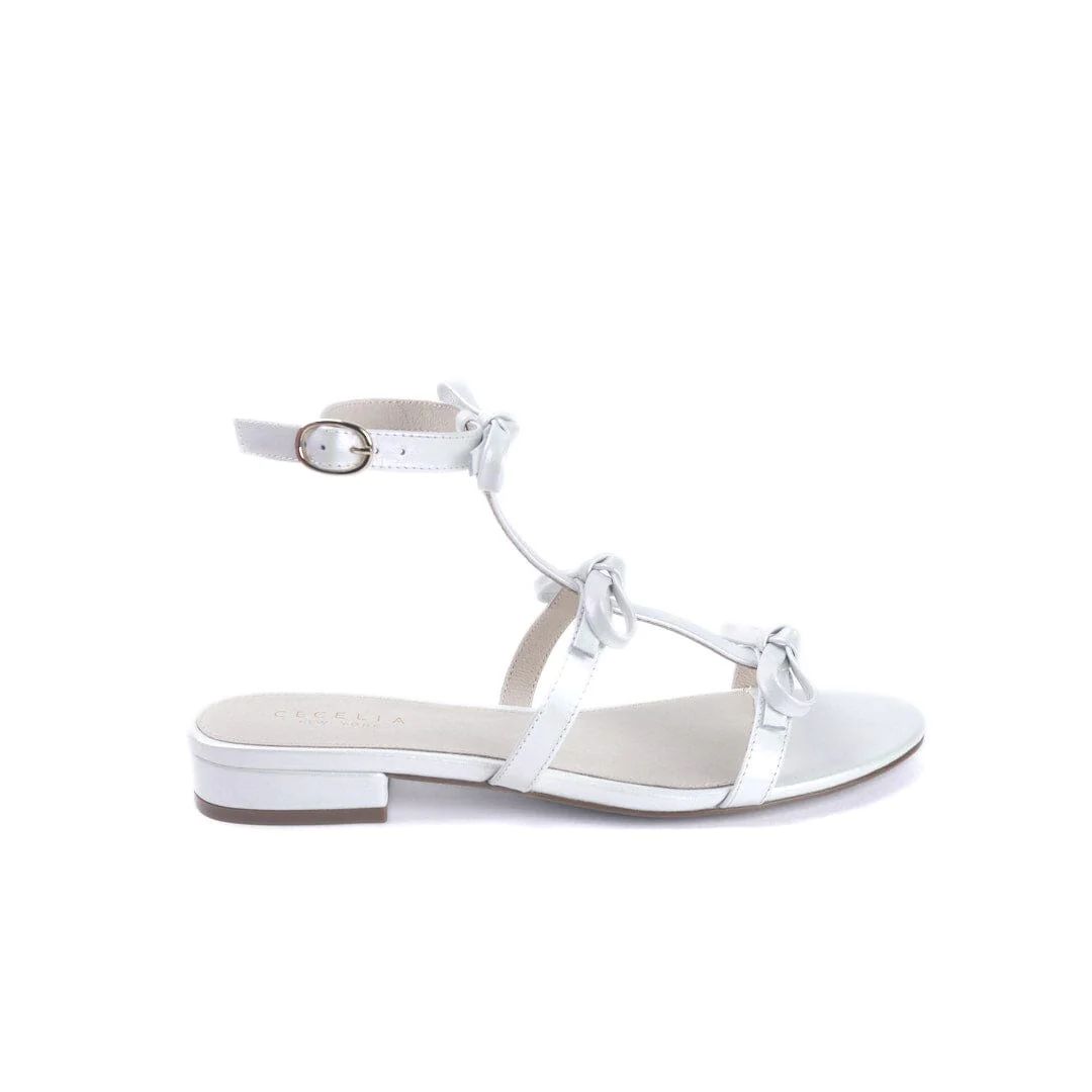 Cecelia New York-ANNA flat ankle strap bow detail sandal Pearl | Cecelia New York