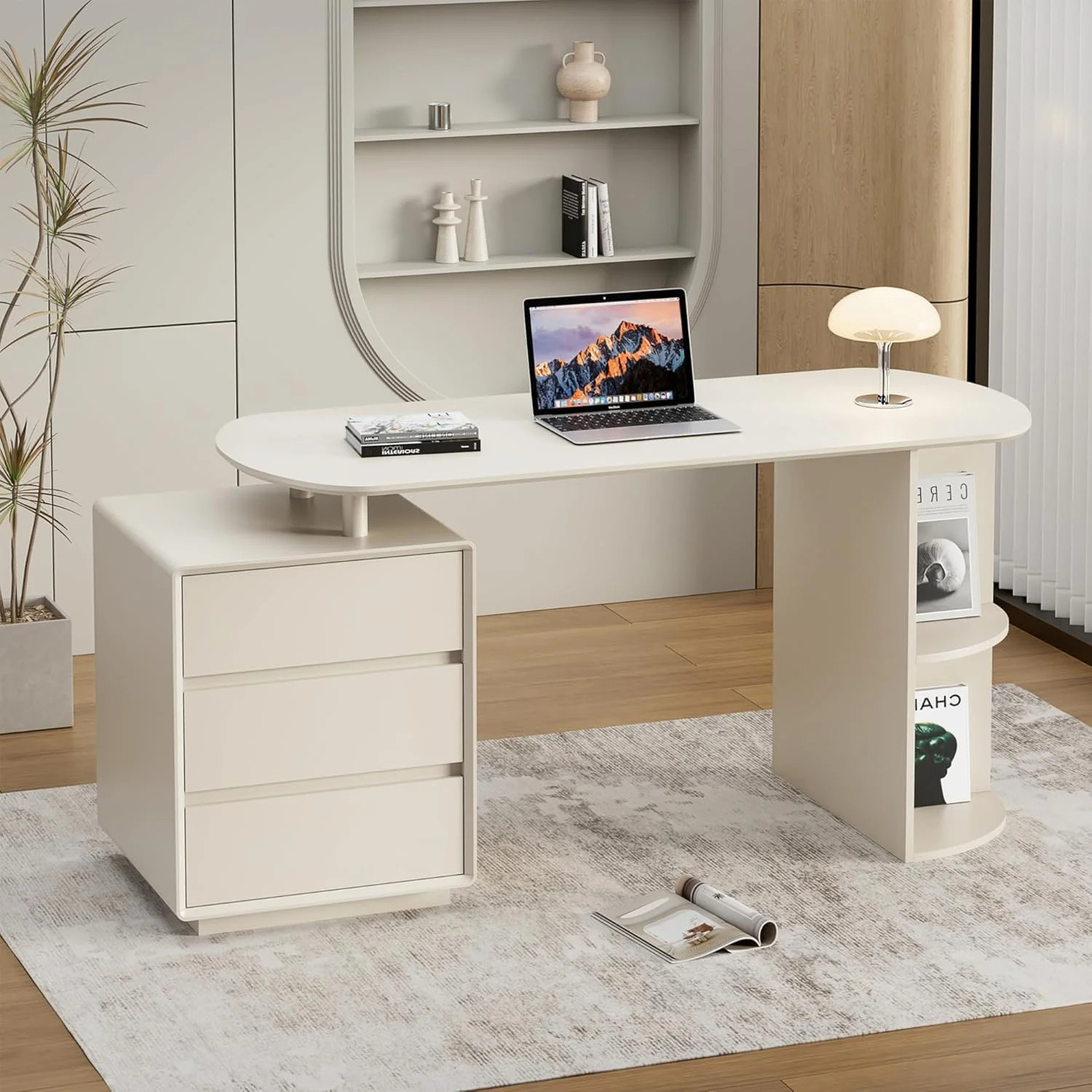 Qulomvs Desk with Drawers, 55inch Home Office White Desk with Drawers and Storage Shelves, Cream ... | Walmart (US)