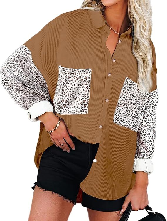 BTFBM Women Button Down Corduroy Shirts Long Sleeve Oversized Casual Pocketed Boyfriend Shacket J... | Amazon (US)