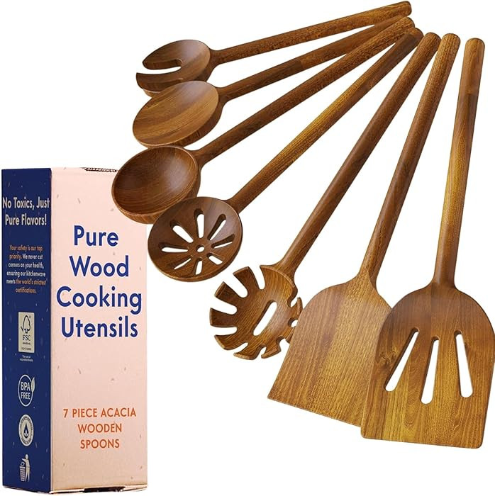 Non-Toxic Wooden Spoons for Cooking– 7-Piece Kitchen Utensils Set, Glue-Free & One-Piece Cookin... | Amazon (US)
