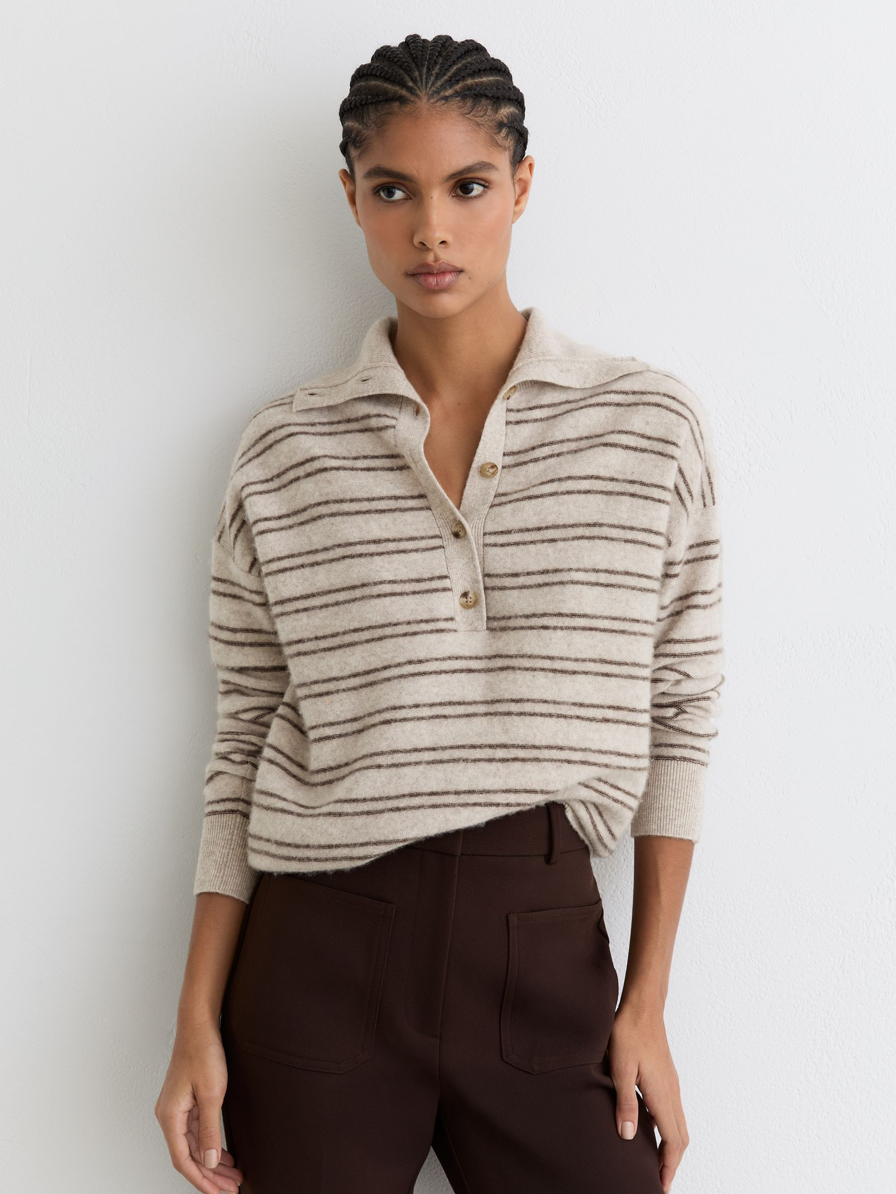 Reiss Wool-Cashmere Stripe Buttoned Jumper in Neutral/Brown | REISS | Reiss US