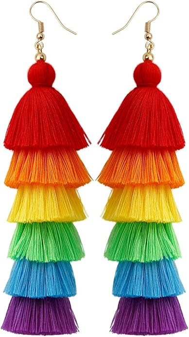 JeanBeau Boho Rainbow Layered Tassel Dangle Drop Earrings for Women, Trendy handmade Bohemian Lig... | Amazon (US)