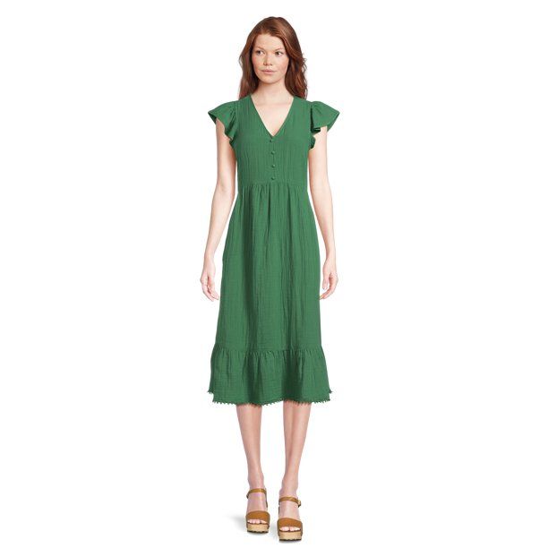 Time and Tru Women's Flutter Sleeve Midi Dress, Sizes XS-XXXL - Walmart.com | Walmart (US)