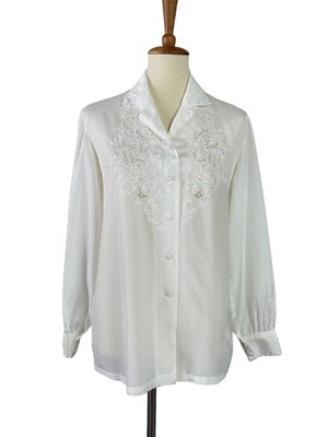 Vintage Secretary Blouse Ivory Hand Embroidered Lace Size M EU 42 Floral  | eBay | eBay US