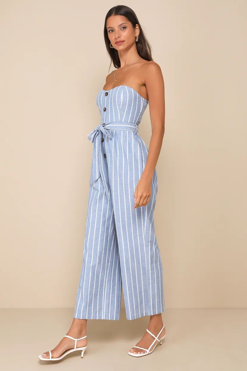 Sunny Day Classic Blue and White Striped Strapless Jumpsuit | Lulus