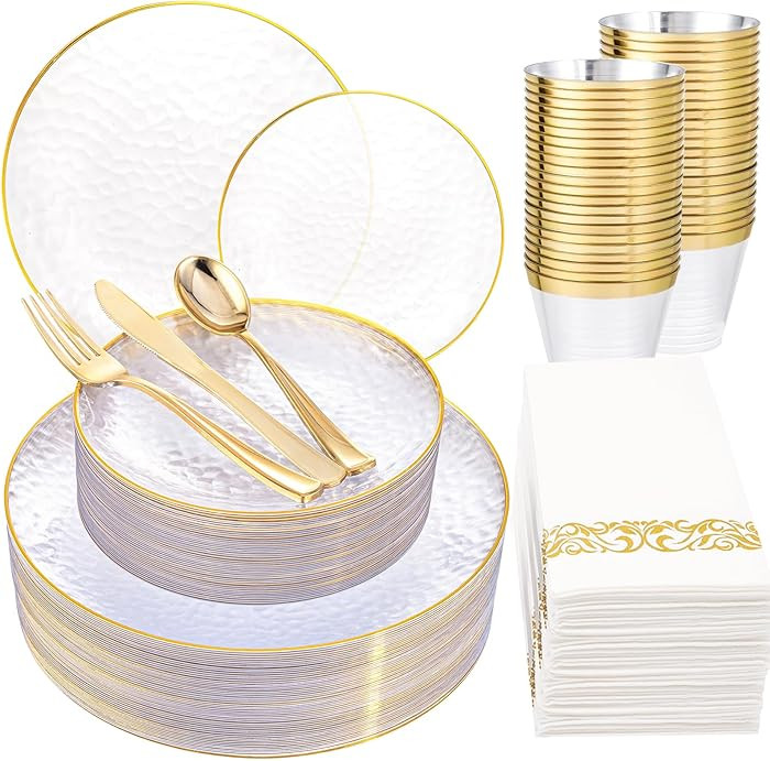 Rubtlamp 175 Pcs Plastic Dinnerware Set (25 Guests), Clear And Gold Plastic Plates, Hammered Part... | Amazon (US)
