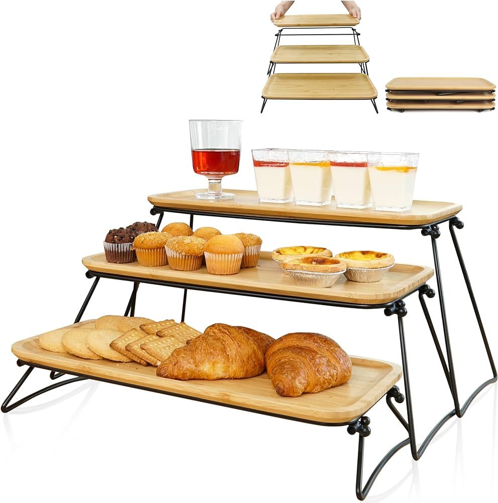 FINESSY Collapsible 3 Tier Serving Tray, Tiered Serving Stand, Wooden Dessert Table Display Set, ... | Amazon (US)