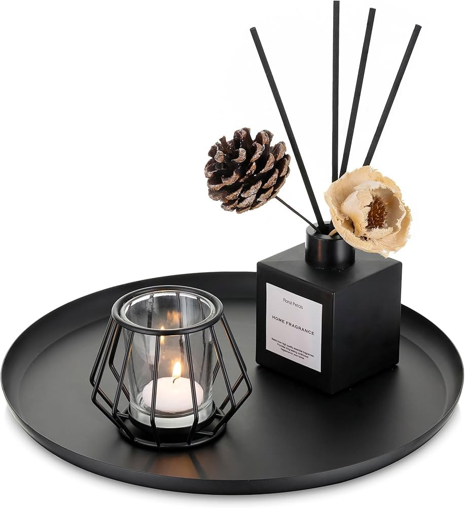 Romadedi Black Round Decorative Tray: Metal Candle Trays Decor for Coffee Table Centerpiece Large... | Amazon (US)