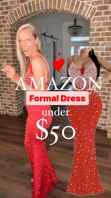 I love that it has rhinestones and sequins throughout and the thick stretchy material makes me feel flattered and secure🙌!

I have been dabbling with going LIVE on Amazon lately… trying to share all of the amazing clothes and house items that I have gotten from Amazon lately!  
Last week, I shared all of my kitchen favorites so definitely check it out on my storefront! 🎥📦

♥️SIZING: this dress is fitted but SUPER stretchy so I would recommend your normal size. I love that all the beads kind of hide everything 😄 and the adjustable straps really help! I am wearing a size small. 🫶

❓Do you have a formal event to attend this year?  This long red maxi dress would be perfect for any ball gown or fancy event you have!  —Would even be pretty as a prom dress or homecoming dress. 

#LTKfindsunder50 #LTKMostLoved #LTKparties