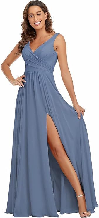 V Neck Bridesmaid Dresses Long Chiffon Prom Dress for Women Aline Maxi Dresses | Amazon (US)