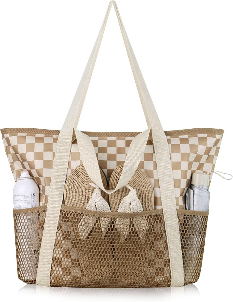 HOMESPON Beach Bag Large Waterproof Sandproof Tote for Women with Zipper and Mesh Pockets | Amazon (US)