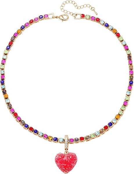 Chunky Heart Necklace for Women, Colorful Acrylic Beaded Statement Puff Heart Necklace Cute Boho ... | Amazon (US)