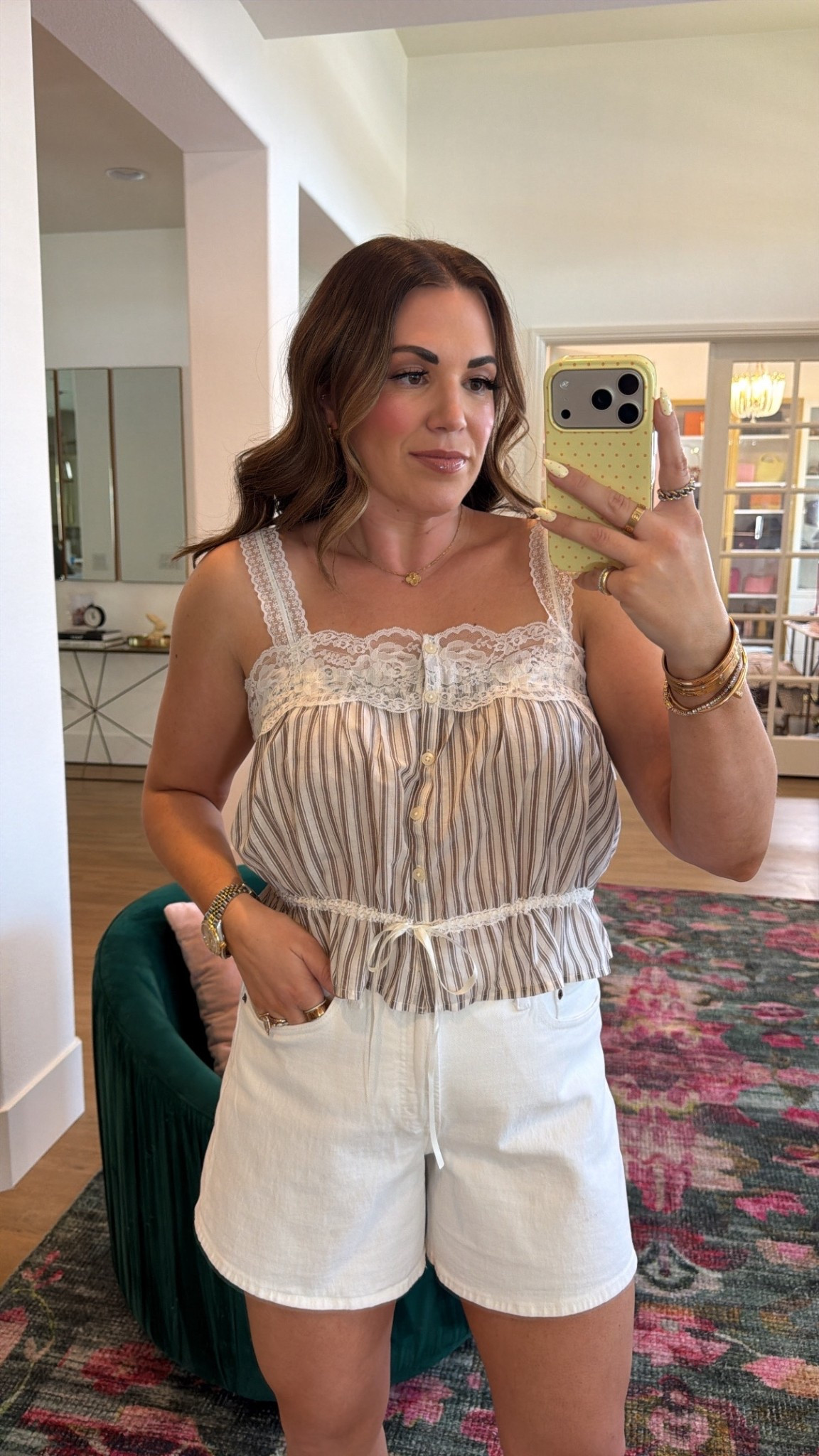 curvy midsize casual spring outfit! wearing size large in brown strip top (could have sized down, runs big) and size 30 in white mid length shorts! love my clear jelly mary jane flats 

#LTKSeasonal #LTKMidsize