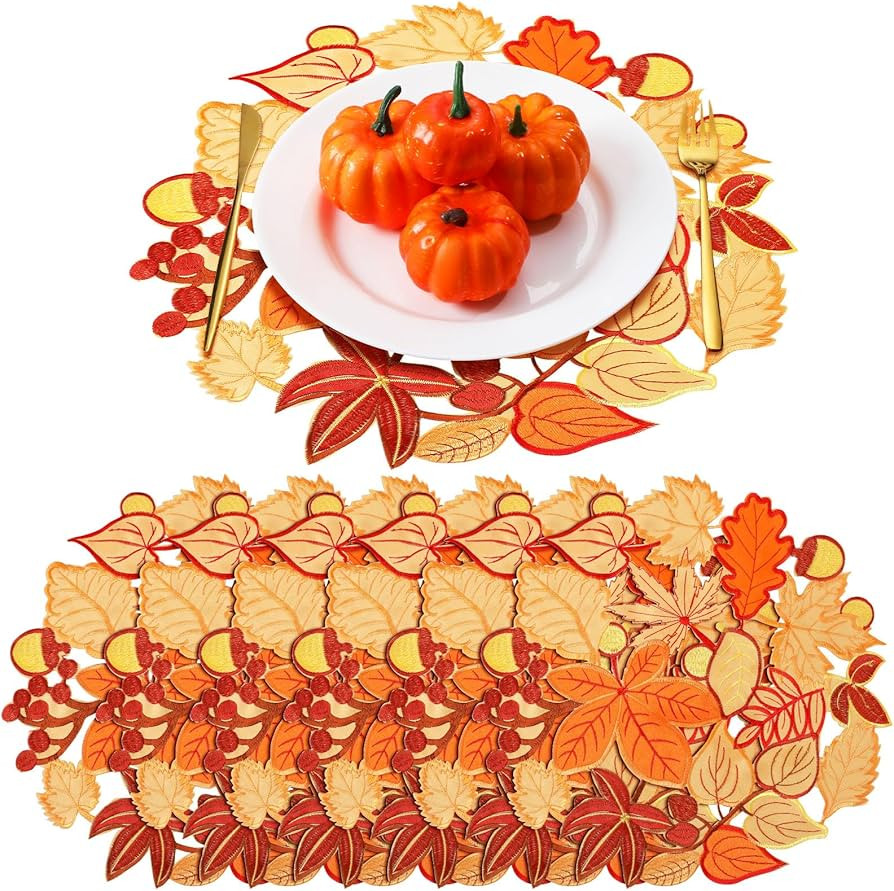 12 Pcs Fall Embroidered Placemats Maple Leaves Placemats Thanksgiving Table Placemats Leaf Washab... | Amazon (US)