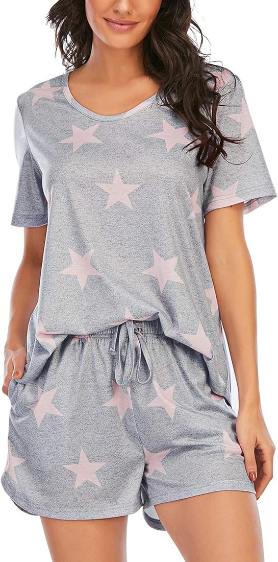 MOYEE Womens Pajama Sets Soft Short Sleeve Shirt and Shorts 2 Pieces Lounge Outfit Sets with Pock... | Amazon (US)